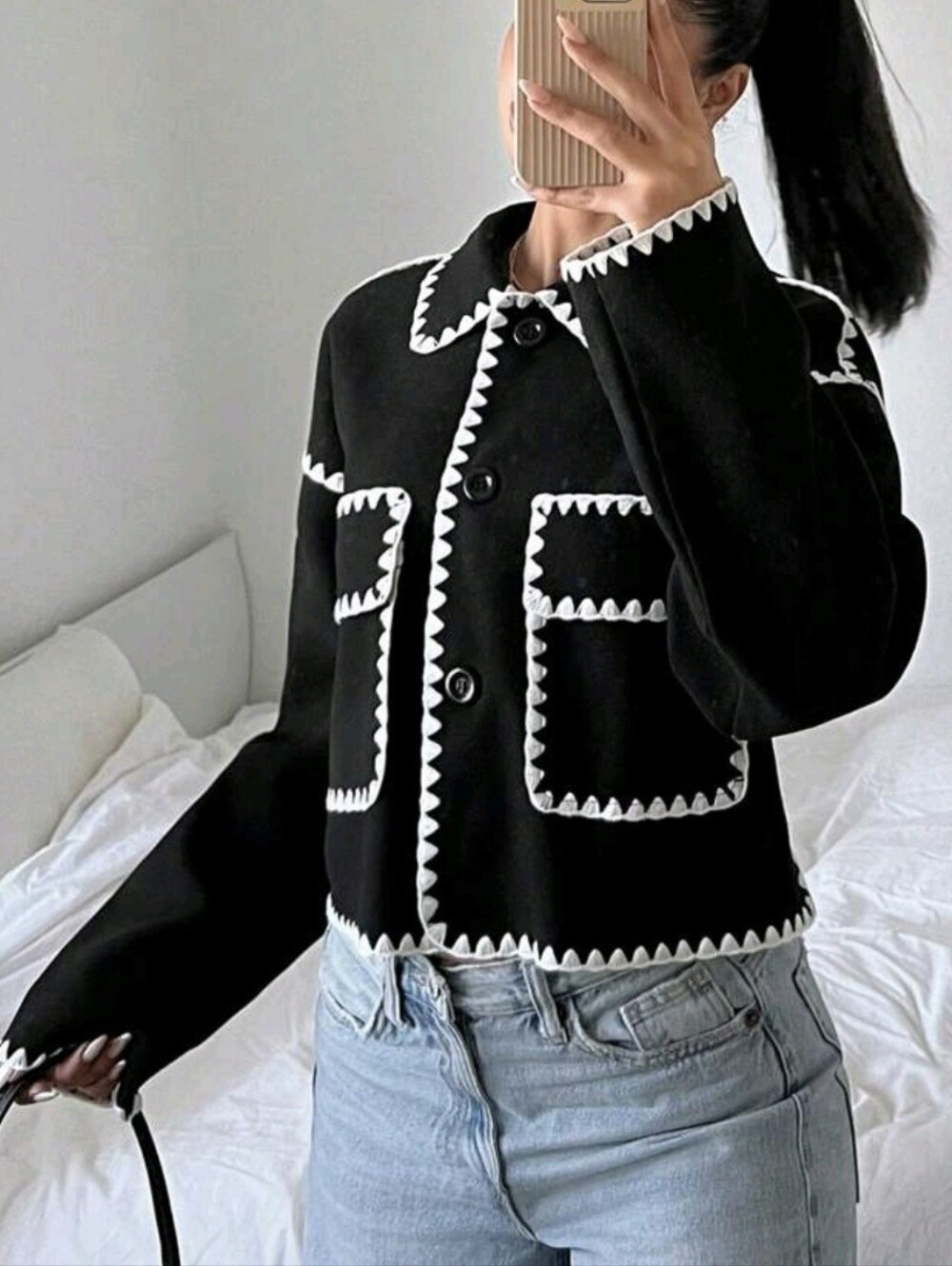 Contrast Color Cropped Jacket In Autumn Office Black Elegant - Picture 3 of 5